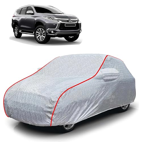 Image of Sulfar 100% Waterproof Car Body Cover Compatible with Mirror for Mitsubishi Pajero (Triple Stitched, Full Bottom Elastic, Magic Silver with Red Piping)