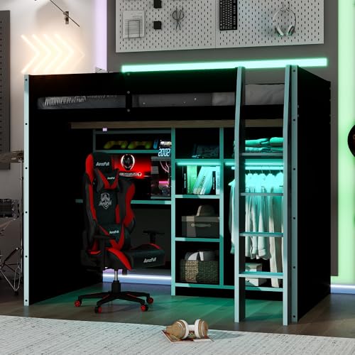 Image of Harper & Bright Designs Modern Full Size Gaming Wood Loft Bed with Desk and Open Wardrobe, Wood Loft Bed Frame with Storage Compartments and RGB Lights, for Kids Teens Adults Bedroom Use (Blue)