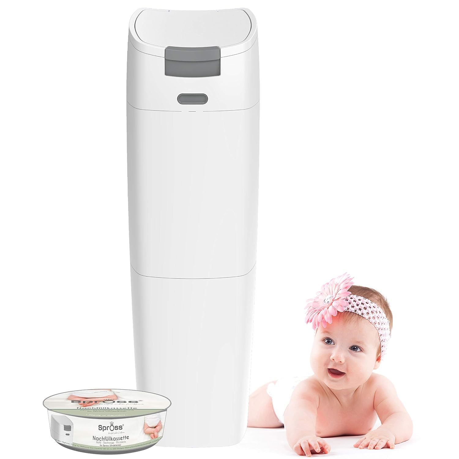 Spross Baby Windeleimer inkl. Nachfüllkassette geruchsdichtes System mit Einhandbedienung Mülleimer für Baby Windeln in weiß grau