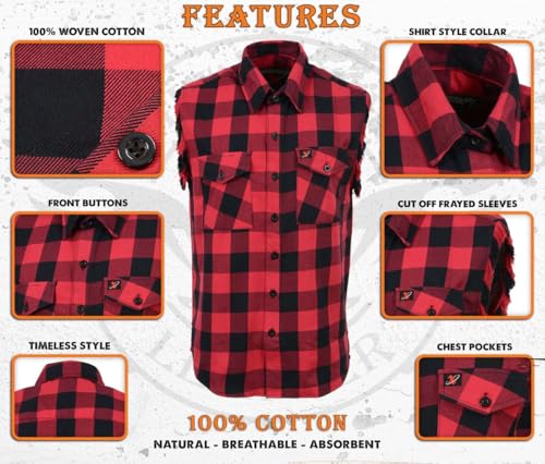 Milwaukee Leather MNG11692 Men’s Classic Black and Red Button-Down Flannel Cut Off Frayed Sleeveless Casual Shirt2