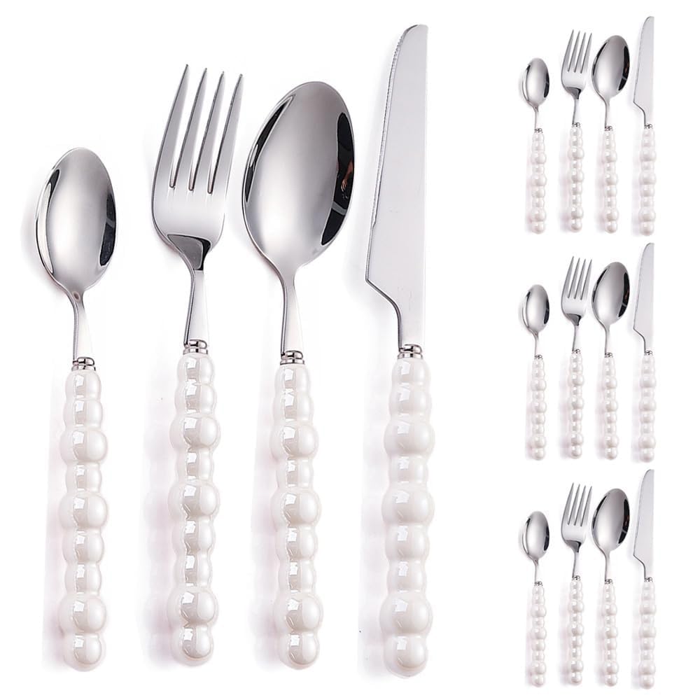 Pearl Ceramic Handle Kitchen Stainless Steel Silverware Tableware Flatware Cutlery Set Creative Hotel Home Steak Knife Dessert Spoon (White,16 Pieces)