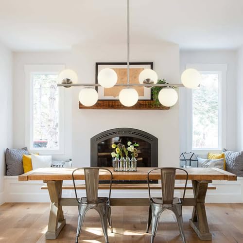 Image of KCO Lighting 7-Light Linear Sputnik Chandelier Brushed Nickel Pendant Light | 31.5 inch Rod for Sloped Ceiling, 12W 3000K E26 Bulb Included, MCM White Milk Glass Light Fixture for Kitchen Island Dining Room