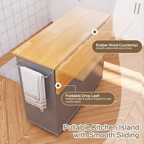Image of SUNLEI Kitchen Island on Wheels with Storage Cabinet & Foldable Drop Leaf, Rolling Kitchen Table, Cart Handle for Towel Rack, Drop Leaf, Portable Islands for Kitchen (Cement Gray, 39.7-INCH)