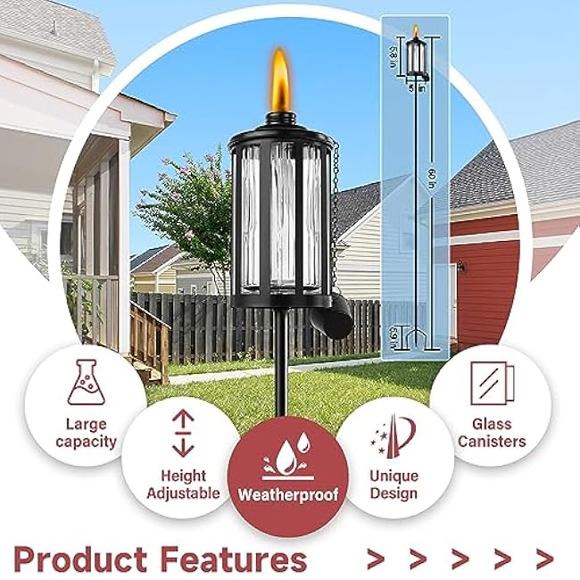 4 Pack Glass Citronella Torches, 16 oz Garden Torches for Outside with 3-Prong Grounded Stake, 55 inch Outdoor Clear Glass Flame Light Torch for Yard, Patio, Deck, Garden, Party, Landscape