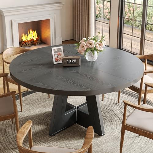 Image of LITTLE TREE Round Dining Table for 4-6 People, 47 Inches Dining Room Table with Wooden Pedestal Base, Black Dinner Tables, Circle Kitchen Tables for Dining Room, Kitchen, Living Room