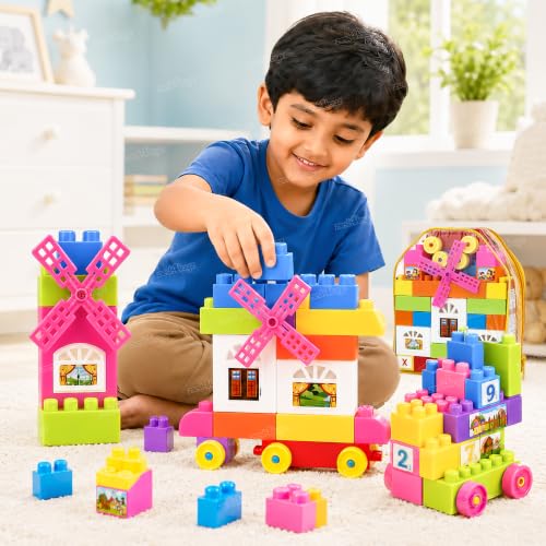 Image of Zest 4 Toyz Building Blocks for Kids 58 Pieces | Colourful Construction Blocks with Wheels Windmill Doors Windows Booklet & Zipper Storage Bag | Creative Educational Toy for Boys and Girls