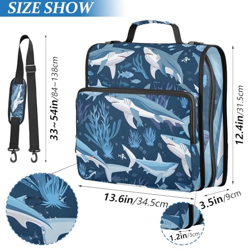 Image of Sharks Blue Ocean Zipper Binder Bag 3 Ring Binder with Shoulder Strap Zip Up 500 Sheets Capacity Multi Pockets for School Office Supplies