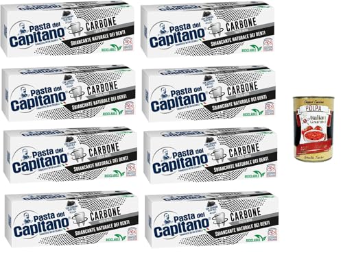 Pasta del Capitano Dentifricio Carbone pasta de dientes activada carbón vegetal blanqueador natural en pasta negra 8 x 100 ml + polpa italiana gourmet 400 g