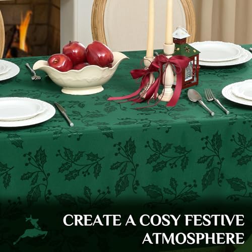 Softalker Christmas Jacquard Tablecloth - Waterproof Winter Vintage Damask Rectangle Table Cloth, Xmas Holly Polyester Fabric Table Cover Decor for Holiday, Dining, Party - Green 60 x 84 Inch – Image 4