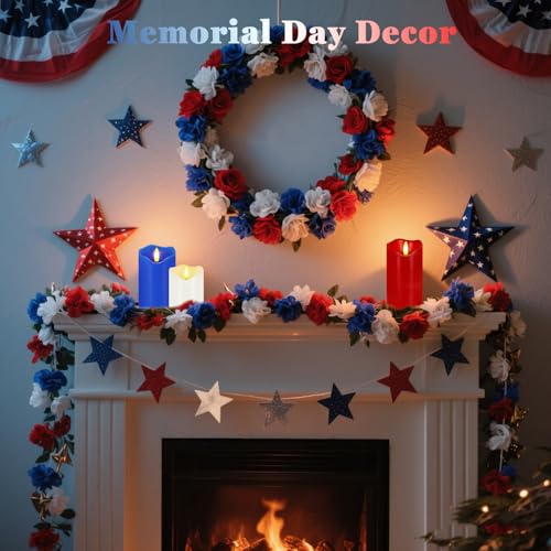 Image of VEEKI 4th of July Flameless Candles, Set of 3 Patriotic LED Candles with Remote & Timer, Flickering Electric Pillar Candles Battery Operated, Red White Blue Candles for Home Independence Day Decor