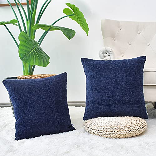 CaliTime Cushion Covers Pack of 2 Cozy Throw Pillow Covers Cases for Couch Sofa Home Decoration Solid Dyed Soft Chenille 60cm x 60cm Navy Blue - Image 2