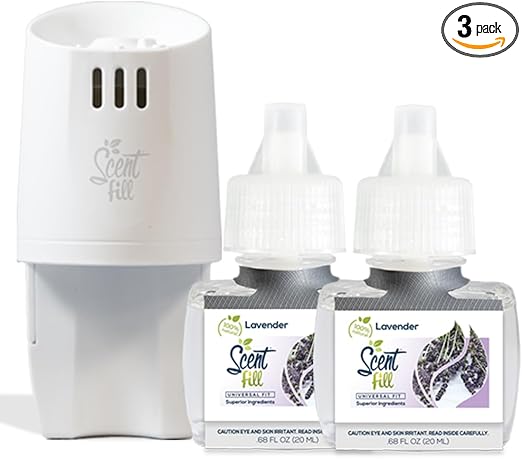 Scent Fill 100% Natural Lavender Plug in Air Freshener, Scented Oil Refills, 2 Refills + Diffuser