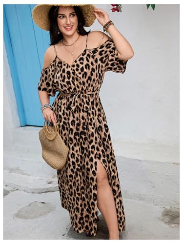 Image of OYOANGLE Women's Plus Size Summer Casual Bohemian Leopard Print Cold Shoulder Belted Wrap Split Long Maxi Dress