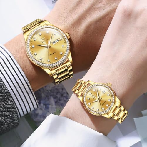 Image of OLEVS Couple Watch Men and Women His and Her Watches Set Analog Date Diamond Stainless Steel Waterproof Luminous Wrist Watch