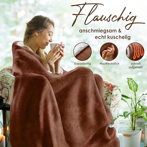 KESSER® Heizdecke mit Abschaltautomatik 180x130cm Doppelseitig Elektrische Wärmedecke | Kuscheldecke Bett, Sofa | 9 Temperaturstufen | waschbar bis 40°C | mit Timer Digitalanzeige Braun