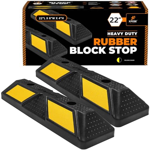 Image of Xpose Safety 22 inch Heavy Duty Rubber Parking Stopper (2 Pack) - Wheel Stops, Parking Lot Bumpers & Rubber Parking Curb for Garage, Driveway or Ramp - Car Bumper Stops with Yellow Reflective Strips