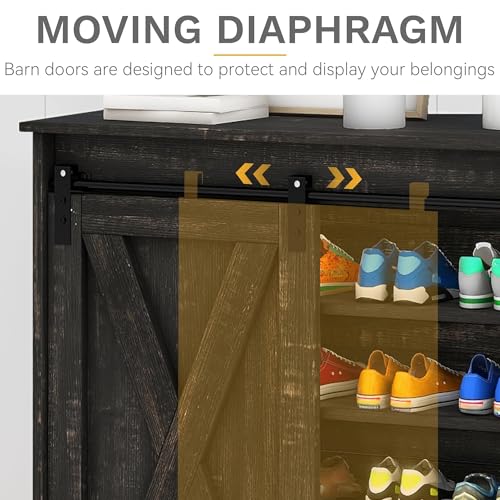 DWVO Farmhouse 5-Tier Shoe Storage Cabinet with Bench Stylish Entryway & Living Room Storage Solution for Up to 20 Pairs, Featuring Adjustable Shelves and Sliding Door (Dark Rustic Oak)
