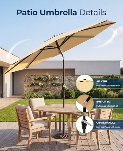 MUCHENGHY 9ft Patio Umbrella, Outdoor Market Table Umbrella with Push Button Tilt and Crank, 8 Ribs UV Protection Sun Shade for Lawn, Deck, Garden, Fishing, Backyard & Pool(Beige) image 6