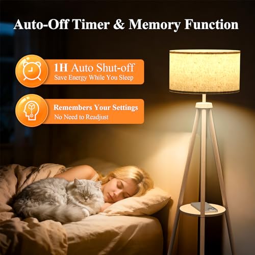 Tripod Floor Lamp with Storage Shelves - 12W Solid Wooden Standing Lamp with E27 Bulb & Remote Control, Corner Lights for Living Room, Bedroom (Light Brown) - Image 4