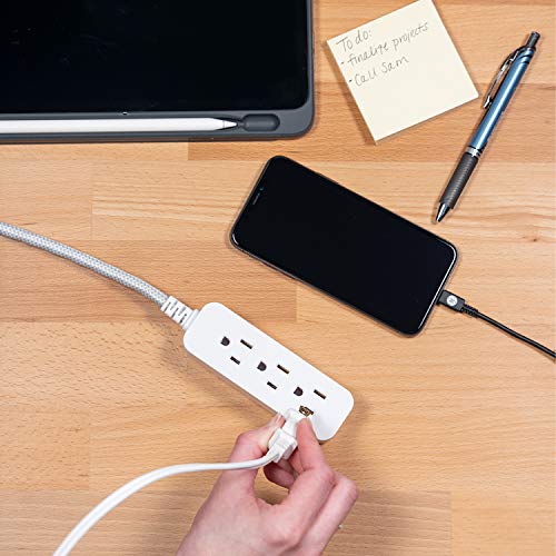Ge Home Electrical Pro Mini 3-Outlet Power Strip, 6 Inch Designer Braided Extension Cord, Grounded, Flat Plug, Warranty, Ul Listed, White/Gray, 45190 #TOP6