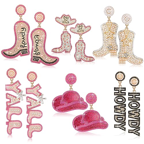 Junkin 6 Pairs Beaded Cowboy Earrings for Women Rhinestone Beads Boot Hat Drop Dangle Earrings Western Earrings
