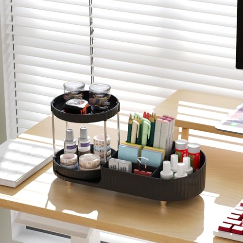 Image of Makeup Organizer Countertop for Vanity with 360 Rotating Perfume Trays, 7-Compartment Skincare Organizers and Make Up Desk Storage, Cosmetic Organizer with Brush Holder for Bedroom Bathroom Counter