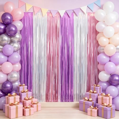 Image of TONIFUL 2Pcs Iridescent Purple White Pink Metallic Foil Fringe Curtain | 3.3ftx6.6ft Photo Booth Backdrop Tinsel Door Streamer, Props for Bachelorette Girls'Dreamy Birthday New Year Decorations