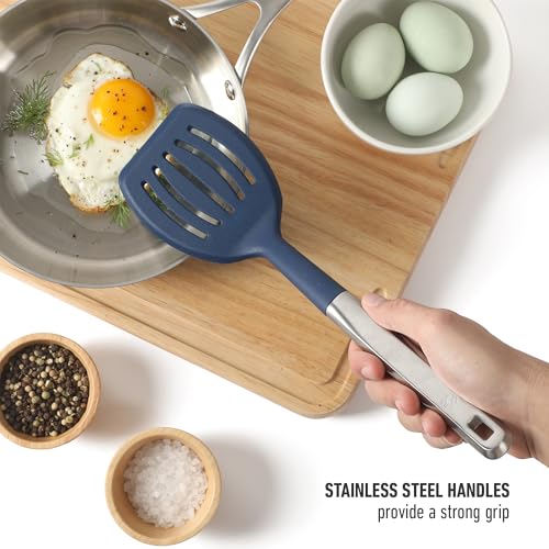 Image of Calphalon Prime 7-Piece Silicone and Teak Wood Kitchen Tool Set, Stainless Steel Kitchen Utensil Set, Kitchen Spoon And Spatula Set, Heat Resistant Non-Slip Kitchen Gadgets Set - Navy Blue