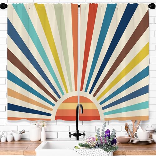 Opeoddie Modern Boho Kitchen Curtains 26x36 Inches Aesthetic Colorful Rainbow Window Treatments Funky 70S Abstract Cafe Small Short Curtain Retro Vintage Bathroom Bedroom Window Tiers Drapes 2 Panels