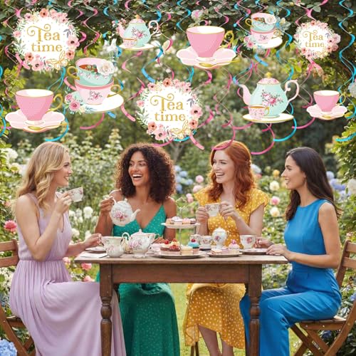 Image of Faccito 54 Pcs Tea Party Decorations Birthday Supplies - Floral Tea Party Birthday Decor Hanging Paper Swirls with Teapot Parties Time Ceiling Decoration for Spring Women Adults Bridal Wedding Favors