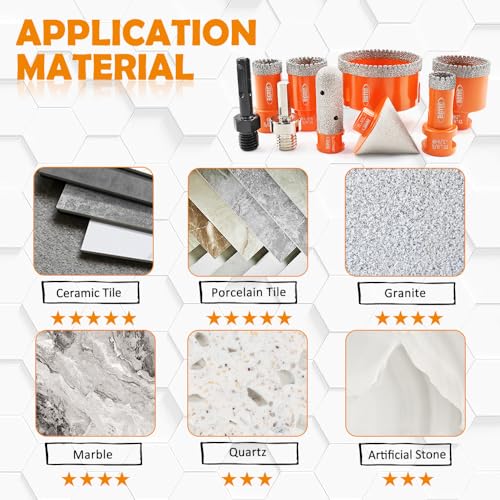 Image of BGTEC Diamond Core Drill Bits-9PCS 5 /8-11 Thread Tile Hole Saw 20 /25 /35 /50 /75mm+50mm Beveling Chamfer Bit+20mm Finger Bit+SDS /HEX Adapter for Pocelian Tile Ceramic Marble Granite Stoneware