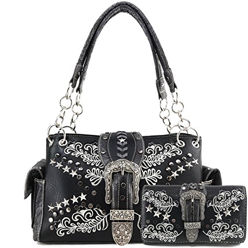 Justin West Buckle Western Floral Damask Embroidery Studs Stars Concealed Carry Handbag Purse