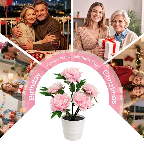 Image of Pink Peony Artificial Flower Lamp, Night Light for Bedroom Wedding Bar Coffee Shop Decor, Christmas Valentines Mothers Day Anniversary Birthday Gifts for Women Mom Grandma Wife Friend