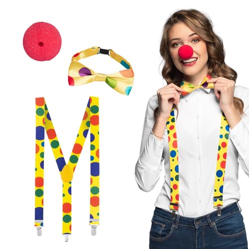 Boland 55520 - Conjunto de palhaço para disfarces, acessórios para carnaval, conjunto de disfarce, nariz vermelho, alças e gravata-borboleta, festa temática, JGA