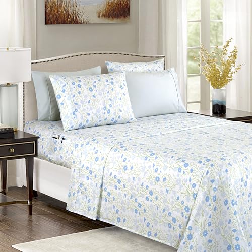 Elegant Comfort Softest and Coziest 6-Piece Sheet Set - 1500 Premium Hotel Quality Microfiber - Deep Pocket, Wrinkle Resistant 6-Piece Floral Bed Sheet Set, King, Laurel Blue