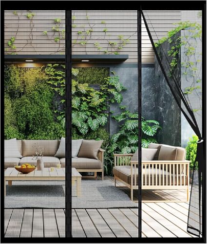 Magnet Fliegengitter Tür, Doppeltür Magnetvorhang, Insektenschutz Balkontür 150x220CM, Stärkere Magneten Fliegengittertüren für Schiebetür, Kellertür und Terrassentür, zwei Öffnungen, Schwarz