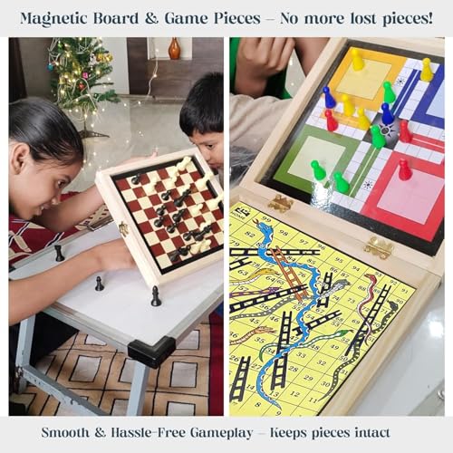 Image of 4-in-1 Foldable Magnetic Wooden Board Game - Ludo, Snakes & Ladders, Chess, Tic Tac Toe - Portable, Durable, Handmade, Design with Storage
