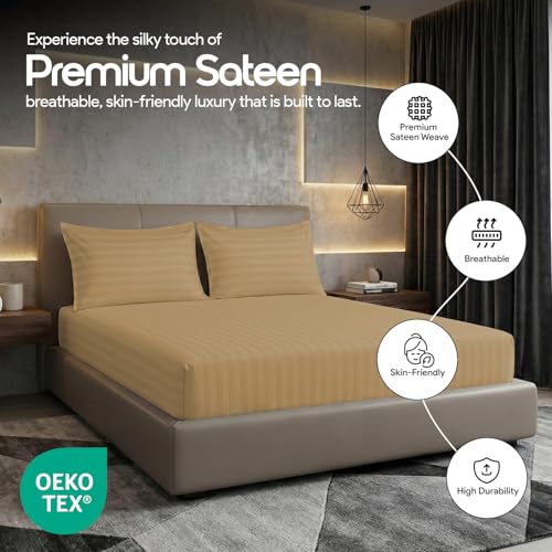 Image of LINENWALAS Cotton 300 TC Fitted Bed Sheet for Queen Bed | Signature 2 CM Sateen Stripe Design | All-Around Elastic for 4-8 Inch Mattresses | Luxury Hotel-Style Bedding (60 x 78, Beige)