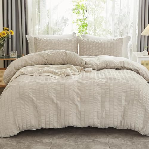 Freyamy Seersucker Housse de Couette 220x240cm+2 Taie d'oreiller 65x65cm Gaufré Rayé Structuré Beige Parure de lit 2 Personnes Adulte Sets de Housse Couette...