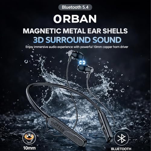 Image of ORBAN B21 Bluetooth Neckband Wireless Earphones | 60H Battery Backup, Fast Charging, IPX7 Waterproof | Dual Pairing, Low Latency, Magnetic Earbuds with Mic for Calls & Music