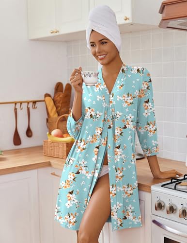 Image of Ekouaer Women's Robes Lightweight 3 /4 Sleeve Short Knit Bathrobe Soft Knee Length Sleepwear Robes with Pockets S-XXL