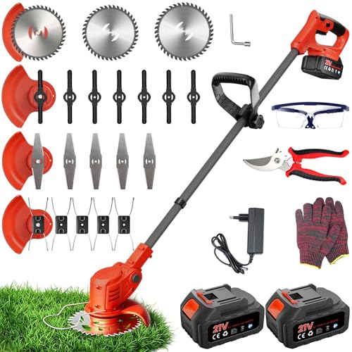 Desbrozadora a Bateria, Cortabordes Electrico 4 en 1, Desbrozadora Electrica 800W 2 Baterías 4000 mAh, 4 Tipos de Cuchillas con Cabezal Giratorio de 90° para Recortar Fácilmente Rápido Césped y Arbust