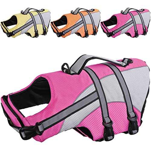 Kuoser High Visibility Dog Life Jacket, Pet Lifesaver Vest Dog Swimsuit for Small Medium Large Dogs, Adjustable Dog Floatation Coat Safety Preserver with Reflective Strips & Rescue Handle