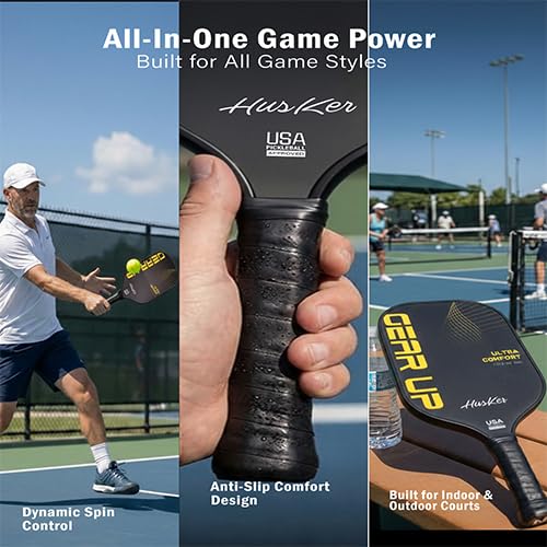Image of Husker USAPA Approved GEARUP RAW Carbon Fibre Ultra Comfort Thermoformed Pickleball Paddle | Carbon Friction Surface | Elongated Handle Racket
