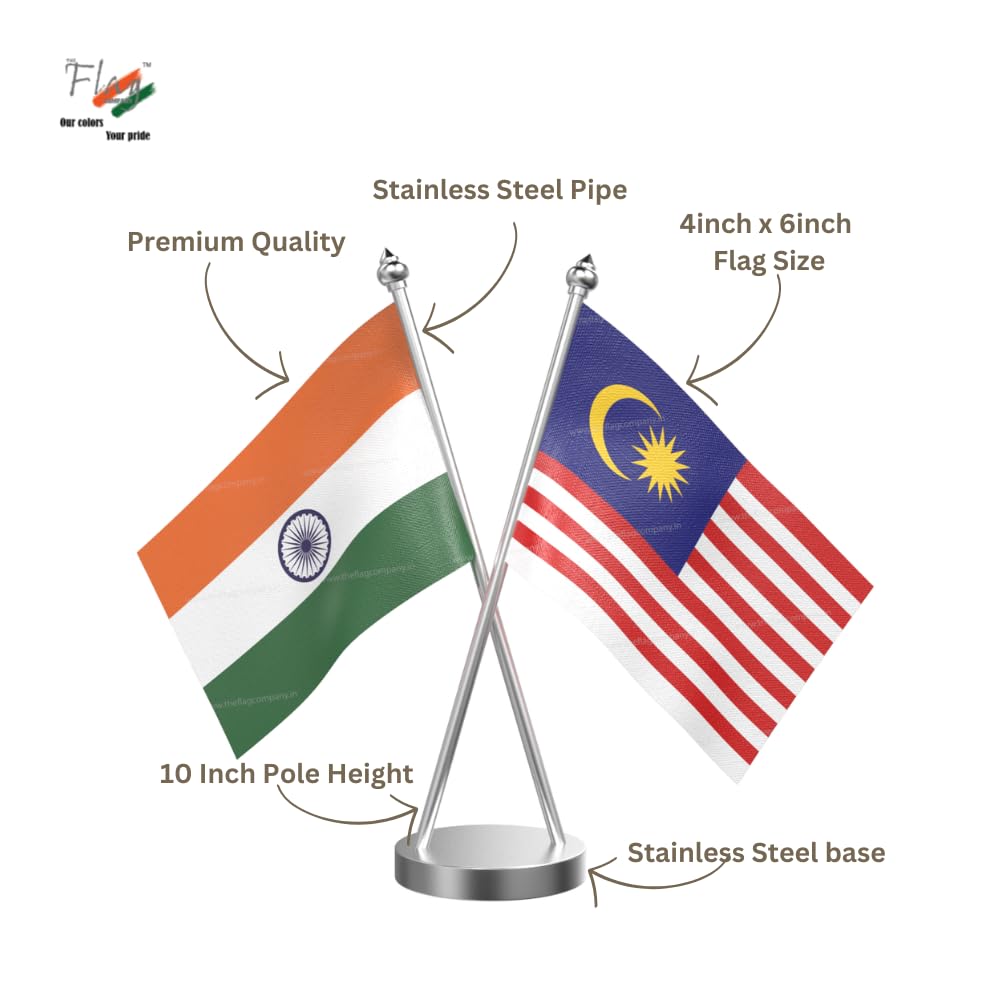 The Flag Company India & Malaysia Cross Table Flags | 4x6 Inch Flags | Stainless Steel Poles & Base | Premium Desk Flag for Office, Events & Diplomatic Display 2