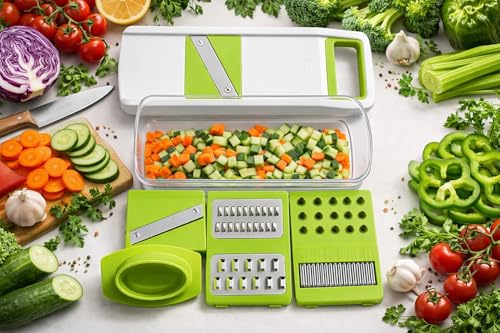 Image of 6 in 1 Mandoline Slicer | Multipurpose Vegetable Slicer & Cutter with Interchangeable Stainless Steel Blades | Manual Potato Onion Tomato Slicer, Grater & Dicer | Kitchen Vegetable Cutting(Green,Red)