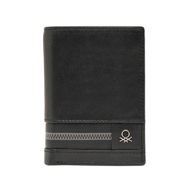 Image of United Colors of Benetton Men's Leather Trifold Wallet Frenda - Black | Compact High-Capacity Design with 6 Card Slots & 1 Compartments | Stylish Purse of Gents
