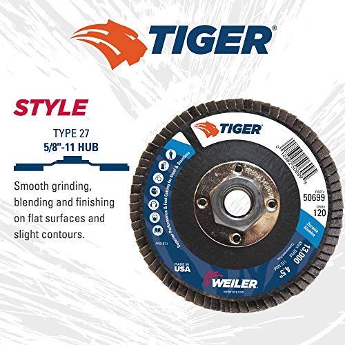 Image of Weiler 50699 4-1 /2 inch Tiger Disc Abrasive Flap Disc, Flat (TY27), Phenolic Backing, 120Z, 5 /8 inch-11 UNC Nut (Pack of 10)