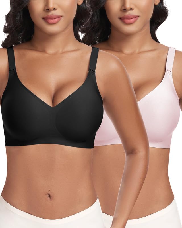 Jiuday Reggiseno senza ferretto, reggiseno push up con seni grandi, tenuta forte, senza stiratura, imbottito, senza cuciture, senza buegel, nero + rosa., S