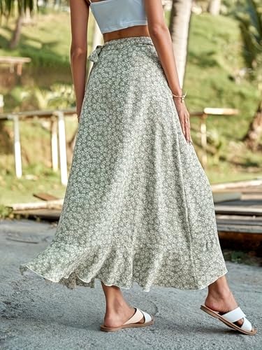 Floral Print Ruffle Waist Maxi Skirt for Women with Side Adjustable Waistband4